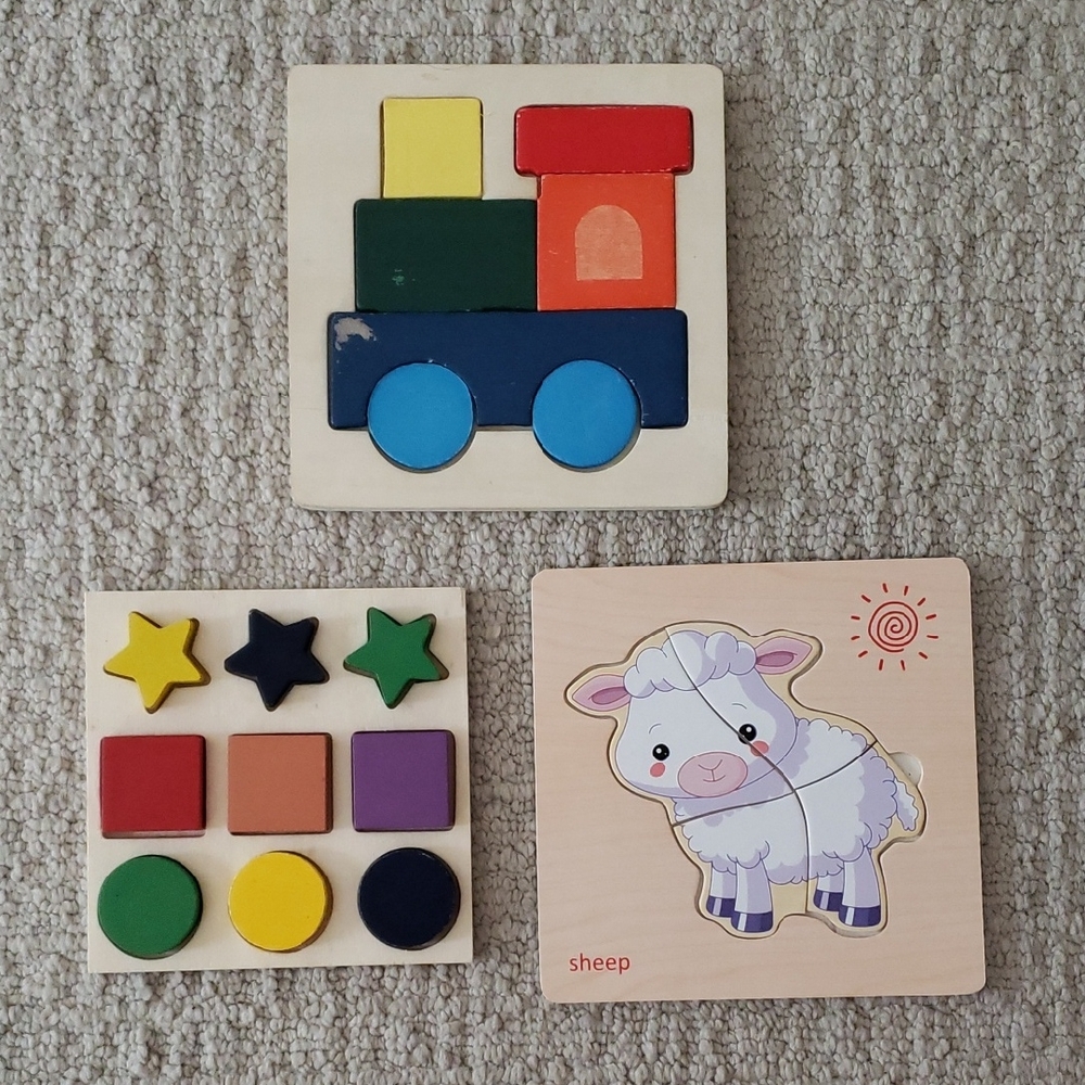 Wooden Kids Puzzle Set - Colorful Train, Shapes & Sheep Puzzle